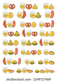 Set with cute, funny happy glass of beer, hot dog, hamburger, taco, pretzel, pretzel, sausage, pizza, nacho. Vector hand drawn cartoon kawaii characters icon. Funny happy cartoon beer and fast food