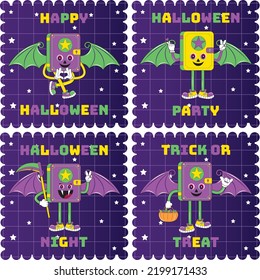 Set of cute funny happy Halloween character. Halloween set of patches in cartoon comic style. Halloween characters sticker pack. Perfect for greeting card, party invitation, sticker, badges, label,