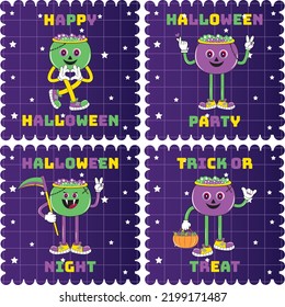 Set of cute funny happy Halloween character. Halloween set of patches in cartoon comic style. Halloween characters sticker pack. Perfect for greeting card, party invitation, sticker, badges, label,
