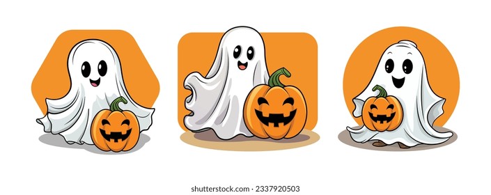 Set of cute funny happy halloween ghosts. Different childish spooky boo characters with jack-o-lantern pumpkin. Isolated flat cartoon vector illustrations for happy halloween print for kids