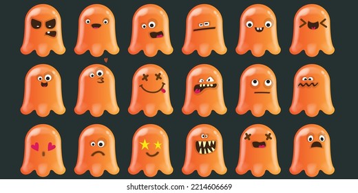 Set of cute funny happy orange ghosts isolated on grey background. Ghost sticker collection with different emotions. Halloween design element set