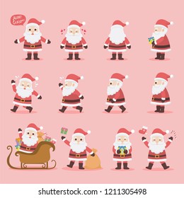 Set Of Cute Funny Happy Santa Claus Attributes For Winter Holidays And Christmas,in Different Posses For Christmas Cartoon Character Flat Design Vector On Red Pink Background.
