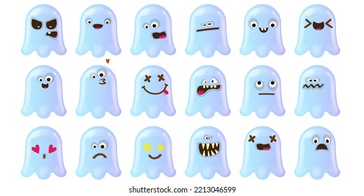 Set of cute funny happy violet ghosts isolated on white background. Ghost sticker collection with different emotions. Halloween design element set 