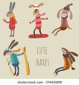 Set of cute and funny hares in sweaters