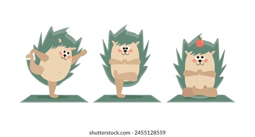 Set a cute funny hedgehog doing yoga on the mat. Exercise, peace of mind. Vector cartoon illustration