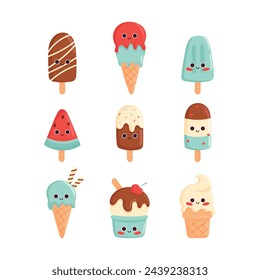 Conjunto de lindo helado divertido en estilo kawaii. Personajes de dibujos animados de helados