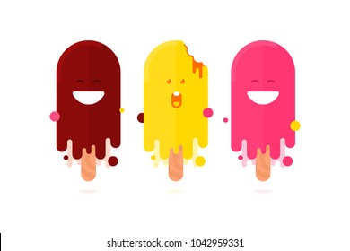 Set of cute funny ice creams flat icons. Happy and scared bitten ice creams melting on the summer sun. Vector illustration.