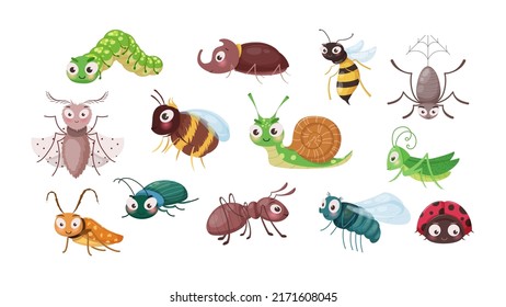 Set of cute funny insects with happy faces. Smiling small snail, ant, bee, caterpillar, wasp, rhinoceros, ladybug, ant, grasshopper. Wildlife nature, garden or forest cartoon vector