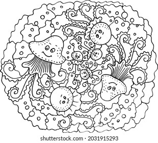 Set of cute funny jellyfish in cartoon style. Hand Drawn doodle Jellyfish. Line Art Sea Collection.