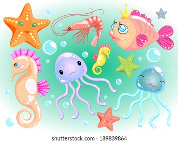 A set of cute and funny kawaii cartoon marine animals - fish, sea horses, sea stars, jelly fish and shrimp