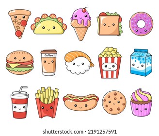 Set Of Cute And Funny Kawaii Food And Drink Clipart