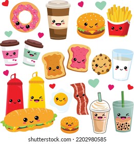 Set Of Cute And Funny Kawaii Food And Drink Clip Art, Hand Drawn Kawaii Food Collection
