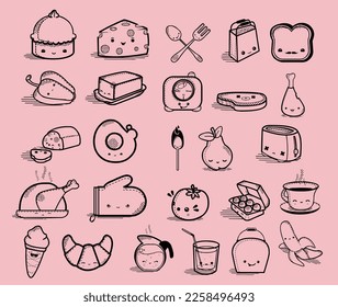 Set of cute and funny kawaii food, Japanese sweet food kawaii character vector cute pack,Kawaii smiling happy face food icon illustration.