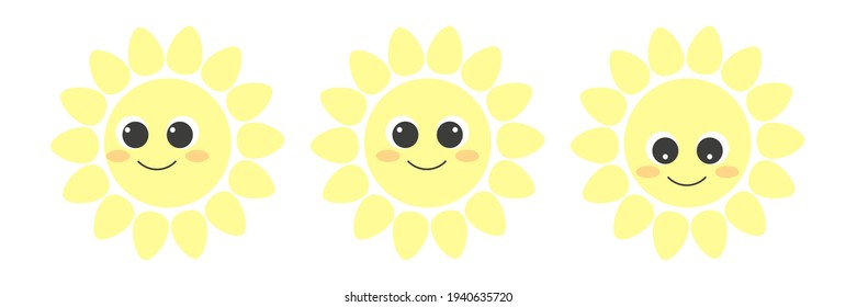 Set of Cute funny kawaii yellow suns with big eyes and smile. Cartoon sunny icons.Vector illustration isolated on white background.For kids stickers, label, postcards, posters,printings.