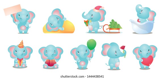 Set of cute and funny kid blue elephant character