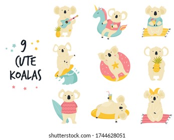 Set of cute funny koalas in a relaxing mood. Vector illustration of mischief characters.