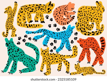 Set of cute funny Leopards. Colored abstract, cartoon quirky character. Trend childish drawing style. Hand drawn illustration. Vector template of poster, art, print, logo, design, banner.