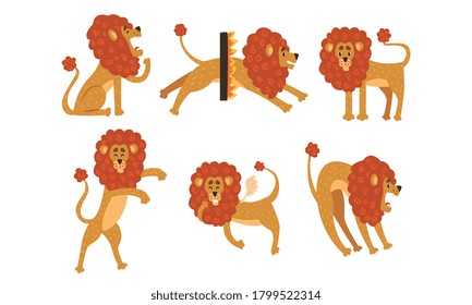 Set of Cute Funny Lion Cartoon Character in Various Poses Cartoon Style Vector Illustration