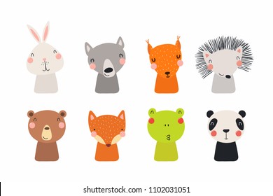 Set of cute funny little animals bear, panda, bunny, wolf, frog, fox, hedgehog, squirrel. Isolated objects on white. Vector illustration. Scandinavian style flat design. Concept for children print