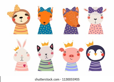 Set of cute funny little animals cat, sheep, penguin, bunny, sloth, fox, pig, squirrel. Isolated objects on white. Vector illustration. Scandinavian style flat design. Concept for children print