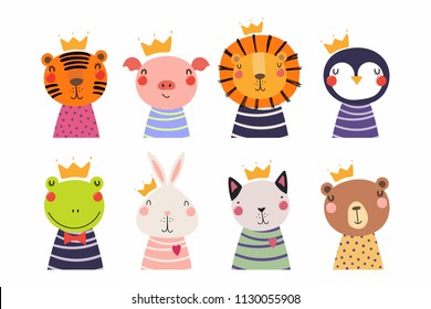 Set of cute funny little animals in crowns cat, bear, lion, tiger, penguin, bunny, frog, pig. Isolated objects on white. Vector illustration. Scandinavian style flat design. Concept for children print