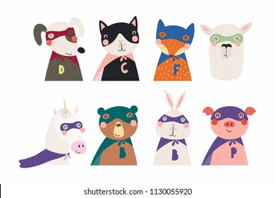 Set of cute funny little animals superheroes cat, bear, unicorn, llama, dog, fox, pig, bunny. Isolated objects on white. Vector illustration. Scandinavian style flat design. Concept for children print