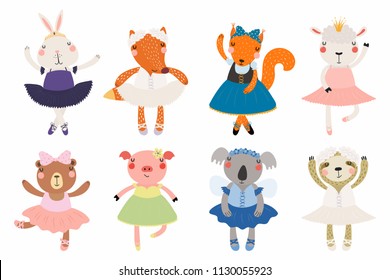 Set of cute funny little animals ballerinas bear, sheep, bunny, fox, pig, squirrel, sloth, koala. Isolated objects on white. Vector illustration. Scandinavian style flat design. Concept children print