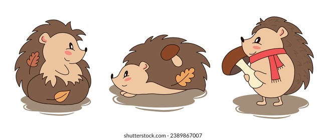 Set of cute funny little autumn hedgehog isolated on white background in cartoon style. Cute forest animals. Wild nature. For tags, stickers, patterns, banners.