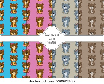 A set of cute funny little baby bear toy seamless pattern. Funny happy teddy bear,girl and boy with bow and bow tie.