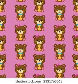 A set of cute funny little baby bear toy seamless pattern. Funny happy teddy bear,girl and boy with bow and bow tie. EPS 10