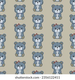 A set of cute funny little baby bear toy seamless pattern. Funny happy teddy bear,girl and boy with bow and bow tie.