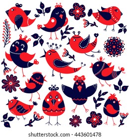 Set of cute funny little birds, flowers, leaves in cartoon style. Fauna symbol. Perfect for greeting cards, design, children's clothing.