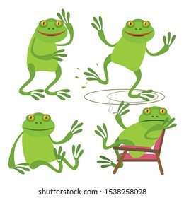 Set of cute funny little cartoon frog walks, dances, sits and smokes