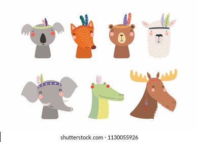 Set of cute funny little tribal animals bear, koala, llama, moose, fox, crocodile, elephant. Isolated objects on white. Vector illustration. Scandinavian style flat design. Concept for children print