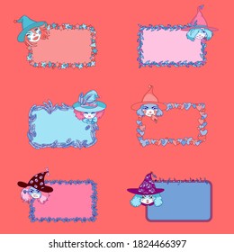 Set of cute funny little vector frames with magic girls in with hat. Various characters with their additional details.