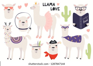 Juego de tiernos llamas, Navidad, astronauta, bailarina, pirata, superhéroe. Objetos aislados en blanco. Ilustración vectorial dibujada a mano. Diseño plano de estilo escandinavo. Concepto de impresión infantil.