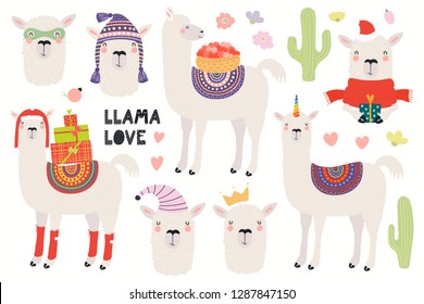 Set of cute funny llamas, Christmas, superhero, princess, unicorn. Isolated objects on white background. Hand drawn vector illustration. Scandinavian style flat design. Concept for children print.