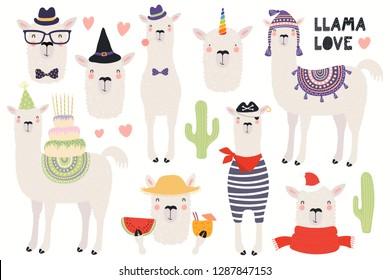 Set of cute funny llamas, pirate, summer, witch, unicorn, birthday, hipster. Isolated objects on white background. Hand drawn vector illustration. Scandinavian style flat design. Concept kids print.