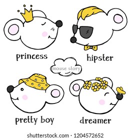 Set with cute funny mice. The mouse Princess, mouse in hat, mouse with a butterfly and a mouse with glasses. Vector illustration in sketch style.