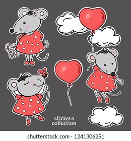 Set with cute funny mice. Mouse with flowers, butterfly and balloon. Collection of stickers. Vector illustration in sketch style.