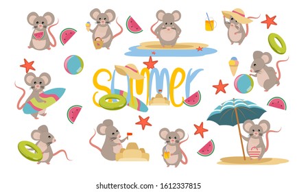 Set cute funny mice in the summer. Beach relax, games and surfing. The mouse and the rat. Children's Vector illustration