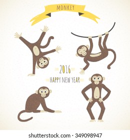 Set of cute funny monkeys in a cartoon style. Symbol of the 2016 year. Vector illustration.