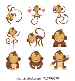 Set of cute funny monkeys in a cartoon style. 
