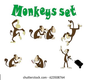 Set of cute funny monkeys in different poses and actions. Vector illustration