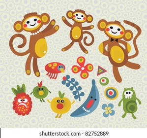 Set of cute and funny monsters and animals. Vector illustration.