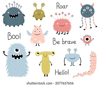 A set of cute funny monsters. Cartoon characters for the design of children's clothing, T-shirt print, postcard design, posters, children's room. Vector illustration