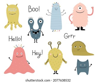 A set of cute funny monsters. Cartoon characters for the design of children's clothing, T-shirt print, postcard design, posters, children's room. Vector illustration in a flat style