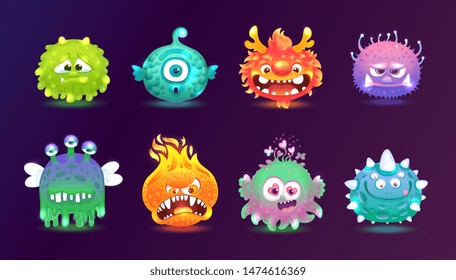 A set of cute and funny monsters with different emotions. A set of emotional monsters and aliens. Vector illustration in cartoon style.