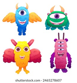 Set of cute and funny monsters with horns and wings