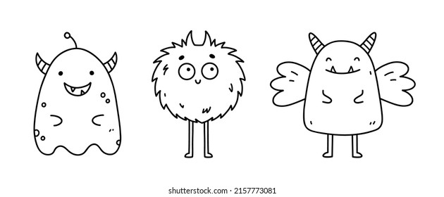 Set of cute and funny monsters isolated on white background. Vector hand-drawn illustration in doodle style. Perfect for Halloween designs, cards, logo, decorations. Cartoon characters.